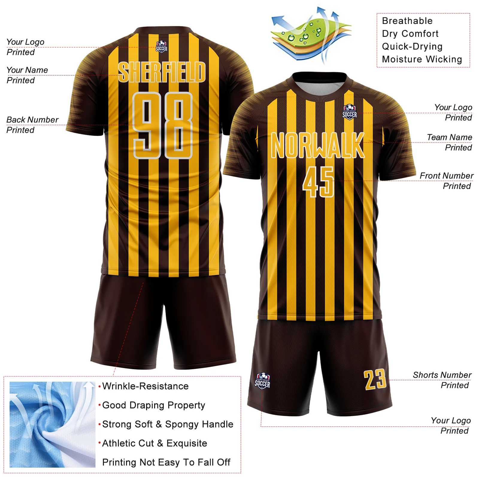 Custom Brown Gold-White Stripe Sports Sublimation Soccer Uniform Jersey - Image 4