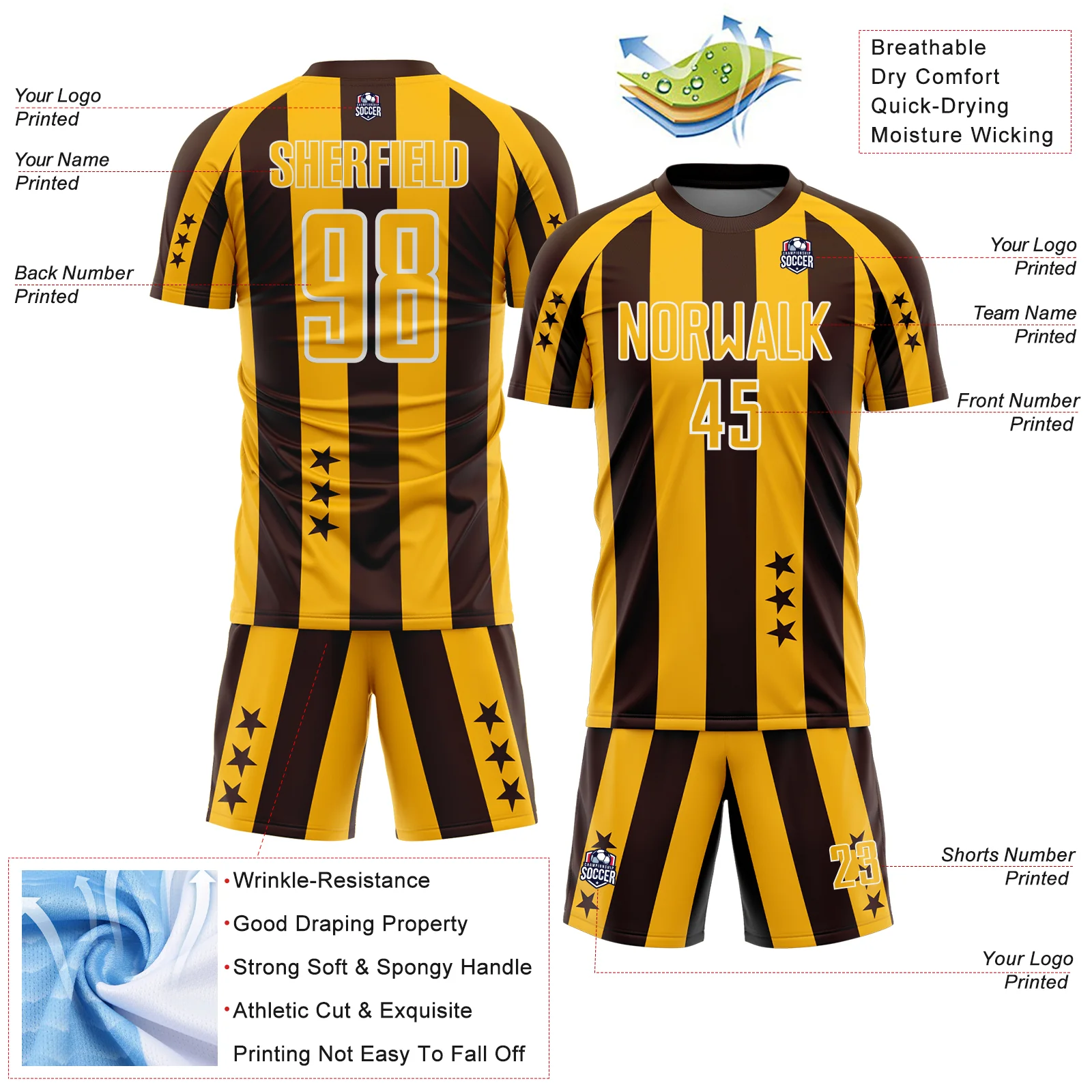 Custom Brown Gold-White Stars And Stripes Sports Sublimation Soccer Uniform Jersey - Image 4