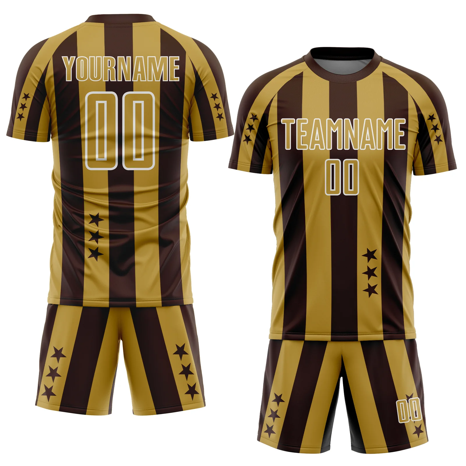 Custom Brown Old Gold-White Stars And Stripes Sports Sublimation Soccer Uniform Jersey - Image 2