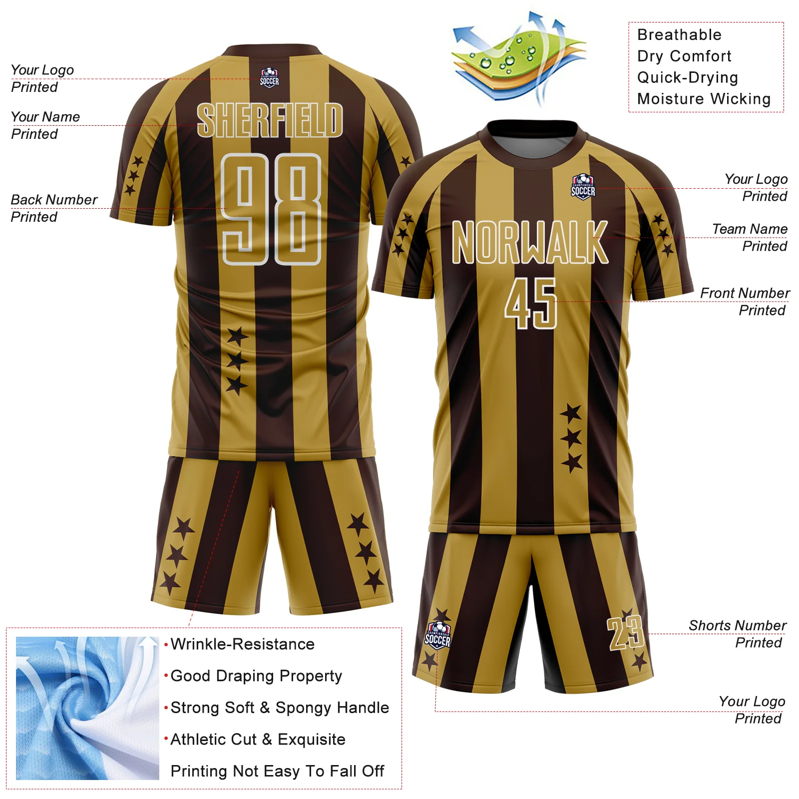 Custom Brown Old Gold-White Stars And Stripes Sports Sublimation Soccer Uniform Jersey - Image 4