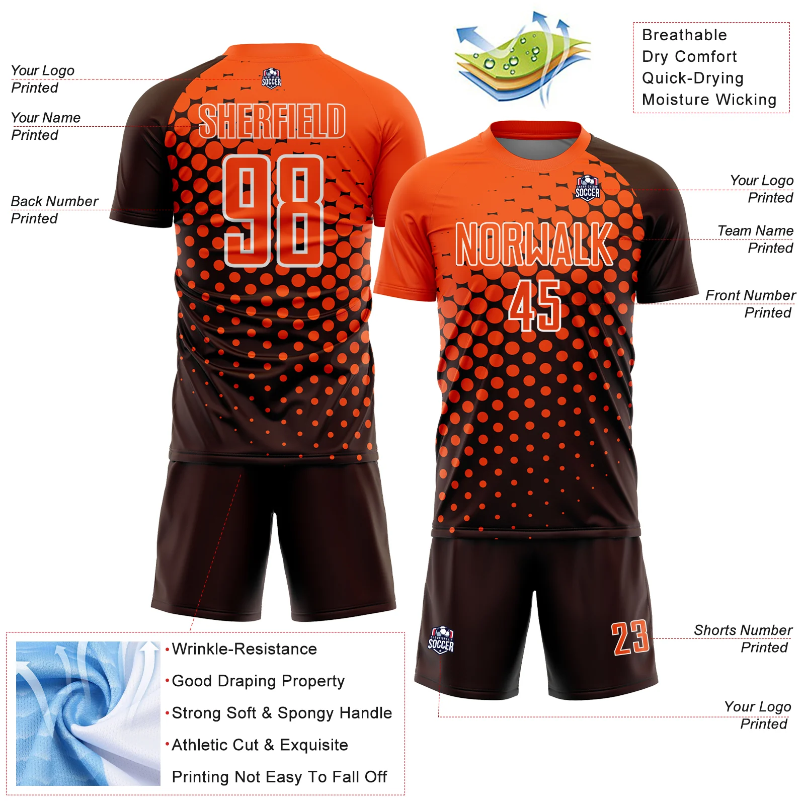 Custom Brown Orange-White Modern Polka Dot Sublimation Soccer Uniform Jersey - Image 4
