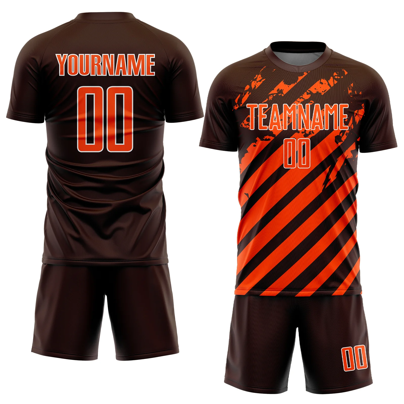 Custom Brown Orange-White Distressed Diagonal Stripe Pattern Sports Sublimation Soccer Uniform Jersey - Image 2