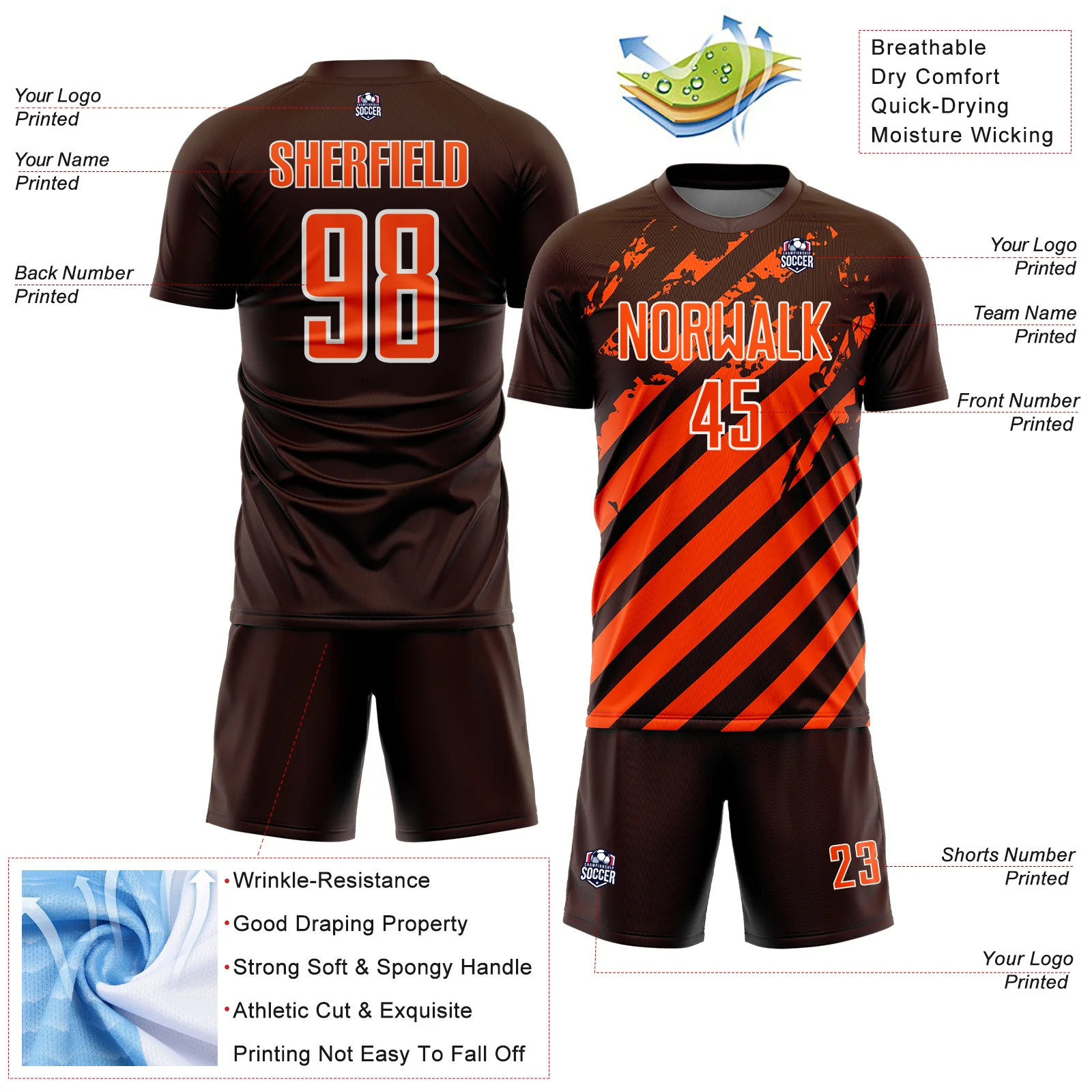 Custom Brown Orange-White Distressed Diagonal Stripe Pattern Sports Sublimation Soccer Uniform Jersey - Image 4
