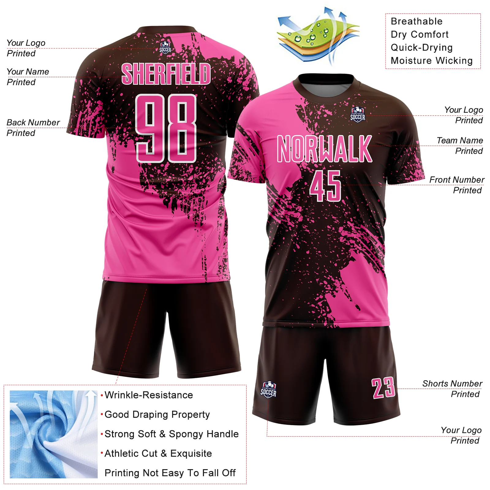 Custom Brown Pink-White Abstract Brush Stroke Sports Sublimation Soccer Uniform Jersey - Image 4
