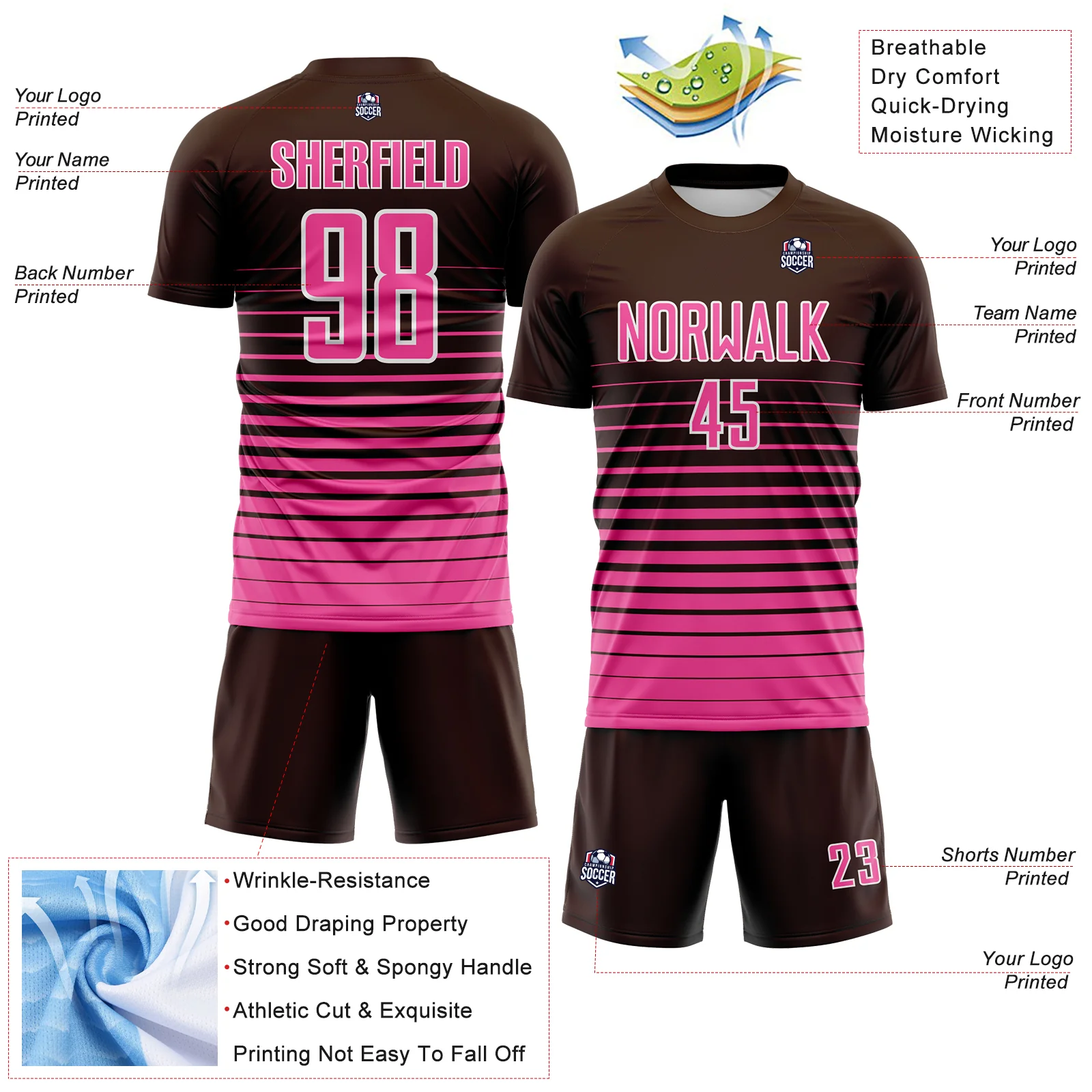 Custom Brown Pink-White Gradient Pinstripe Sublimation Soccer Uniform Jersey - Image 4
