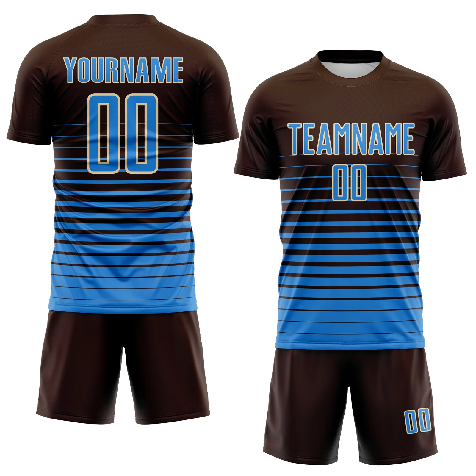 Custom Brown Powder Blue-Cream Gradient Pinstripe Sublimation Soccer Uniform Jersey - Image 2