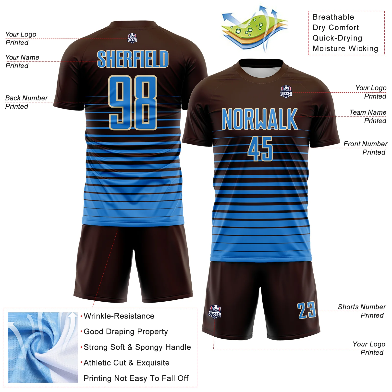 Custom Brown Powder Blue-Cream Gradient Pinstripe Sublimation Soccer Uniform Jersey - Image 4