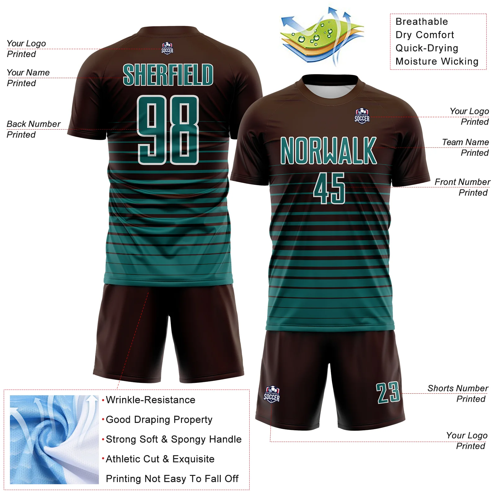Custom Brown Teal-White Gradient Pinstripe Sublimation Soccer Uniform Jersey - Image 4