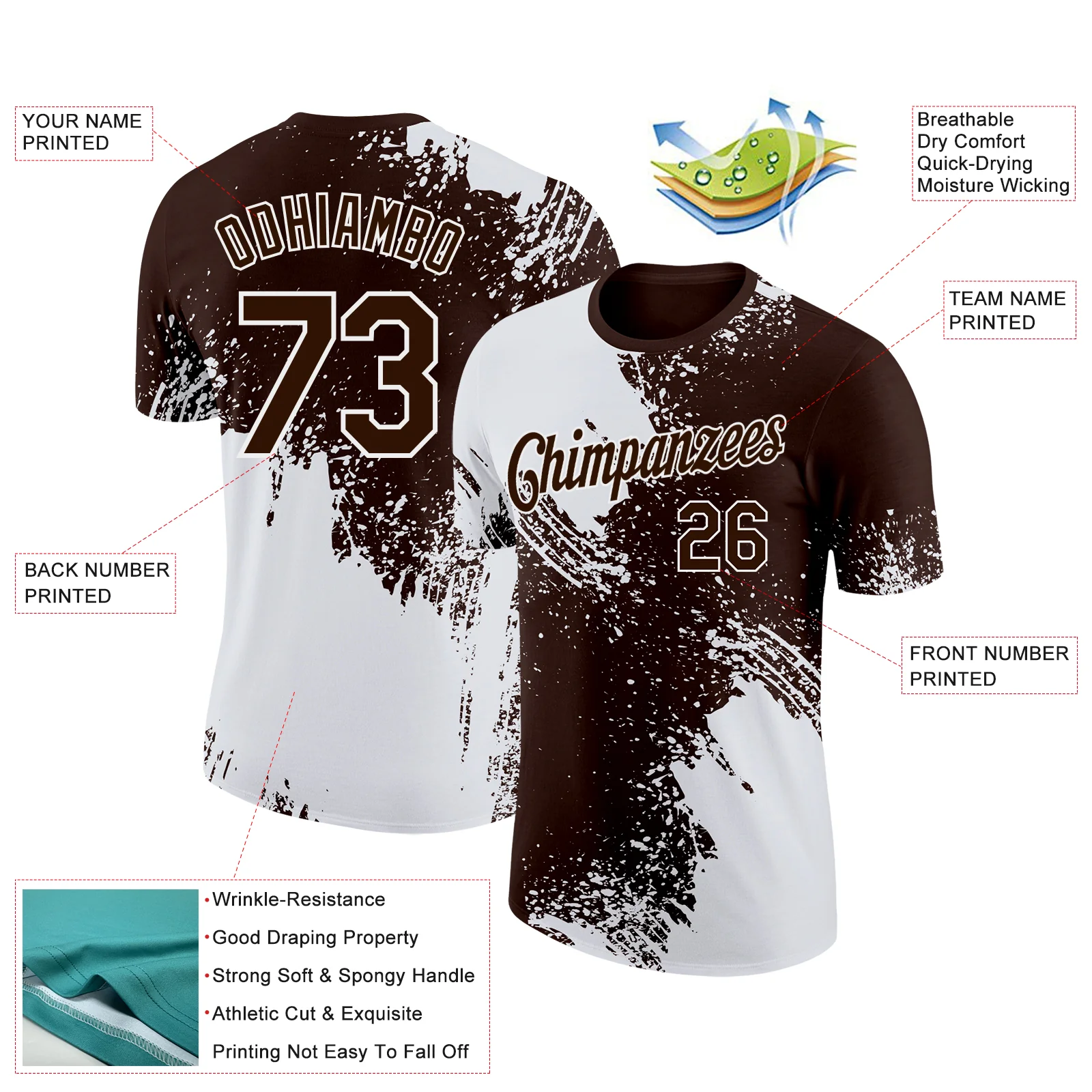 Custom Brown White 3D Pattern Design Abstract Brush Stroke Performance T-Shirt - Image 2