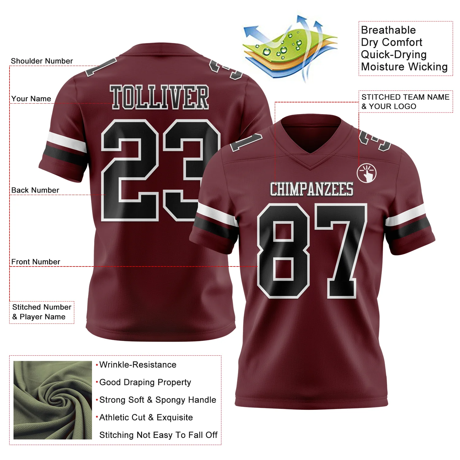Custom Burgundy Black-White Authentic Football Jersey - Image 3