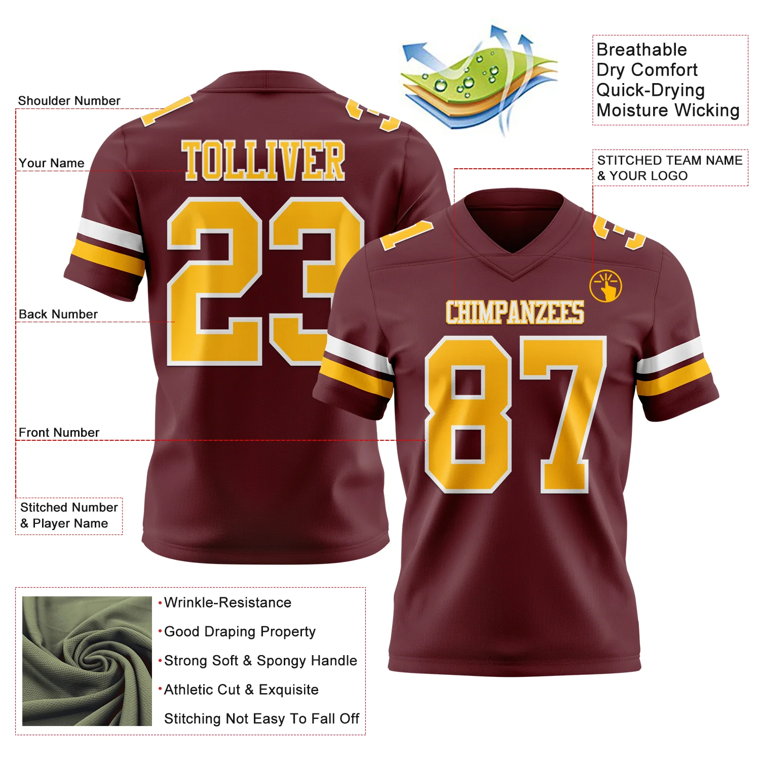 Custom Burgundy Gold-White Authentic Football Jersey - Image 3