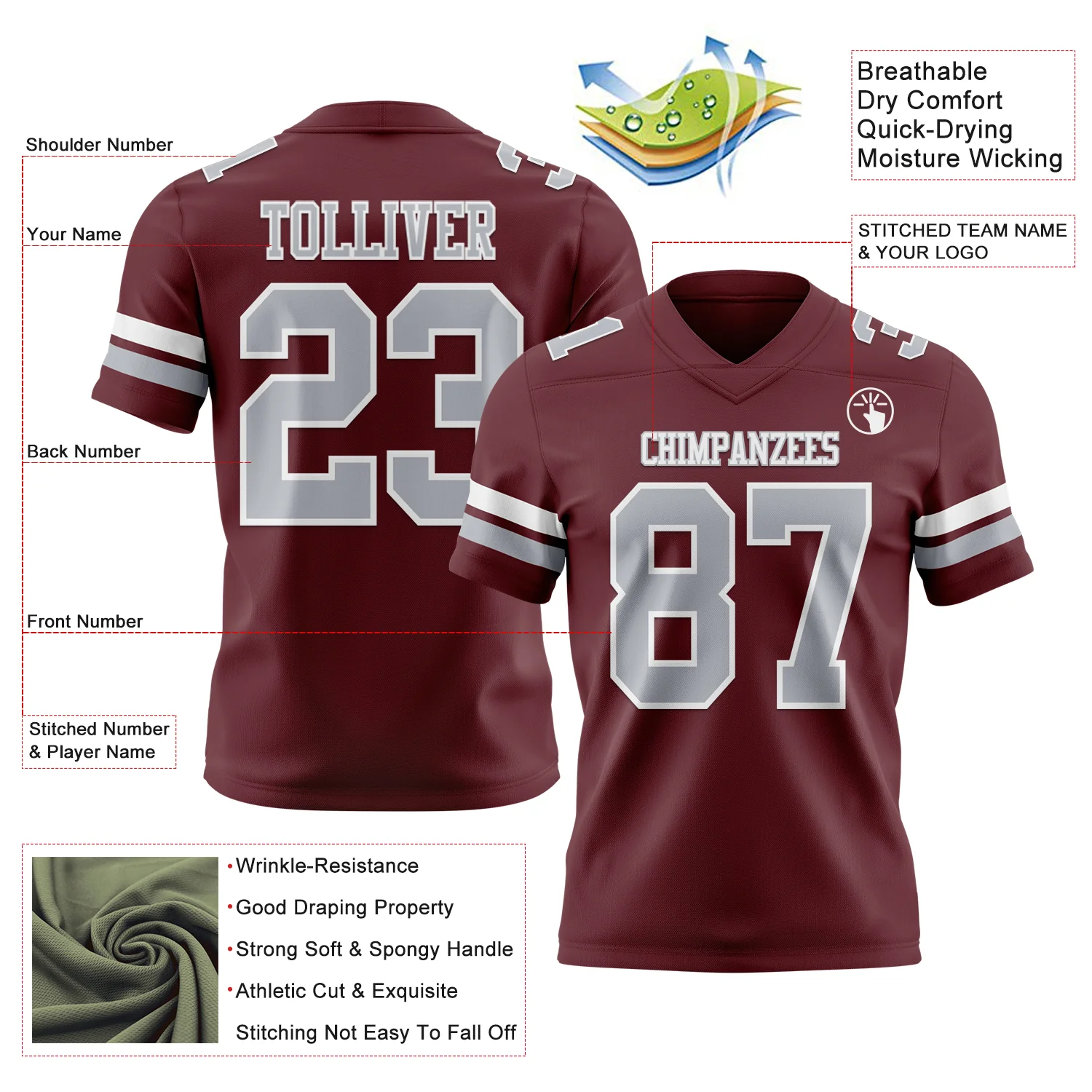 Custom Burgundy Gray-White Authentic Football Jersey - Image 3