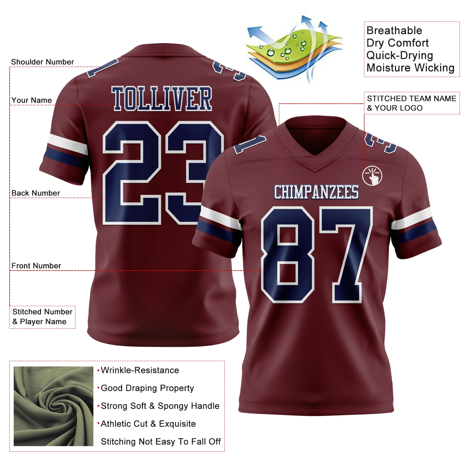 Custom Burgundy Navy-White Authentic Football Jersey - Image 3