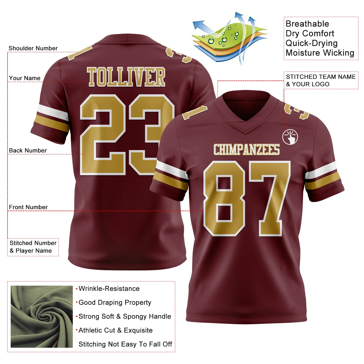 Custom Burgundy Old Gold-White Authentic Football Jersey - Image 3