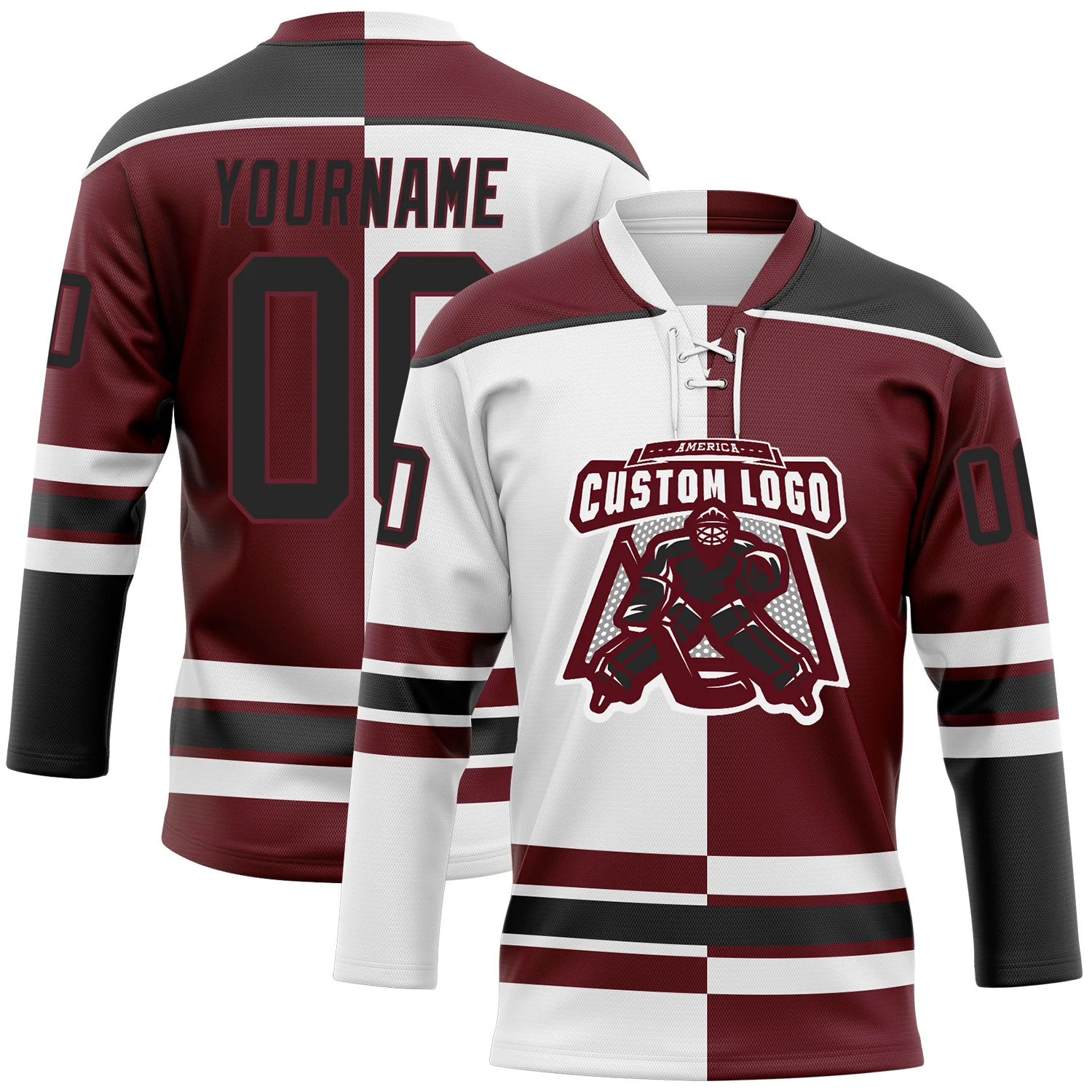 Custom Burgundy Black-White Split Fashion Hockey Lace Neck Jersey - Image 2