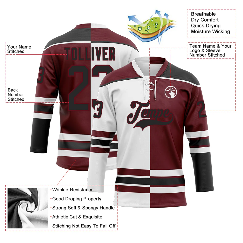 Custom Burgundy Black-White Split Fashion Hockey Lace Neck Jersey - Image 3