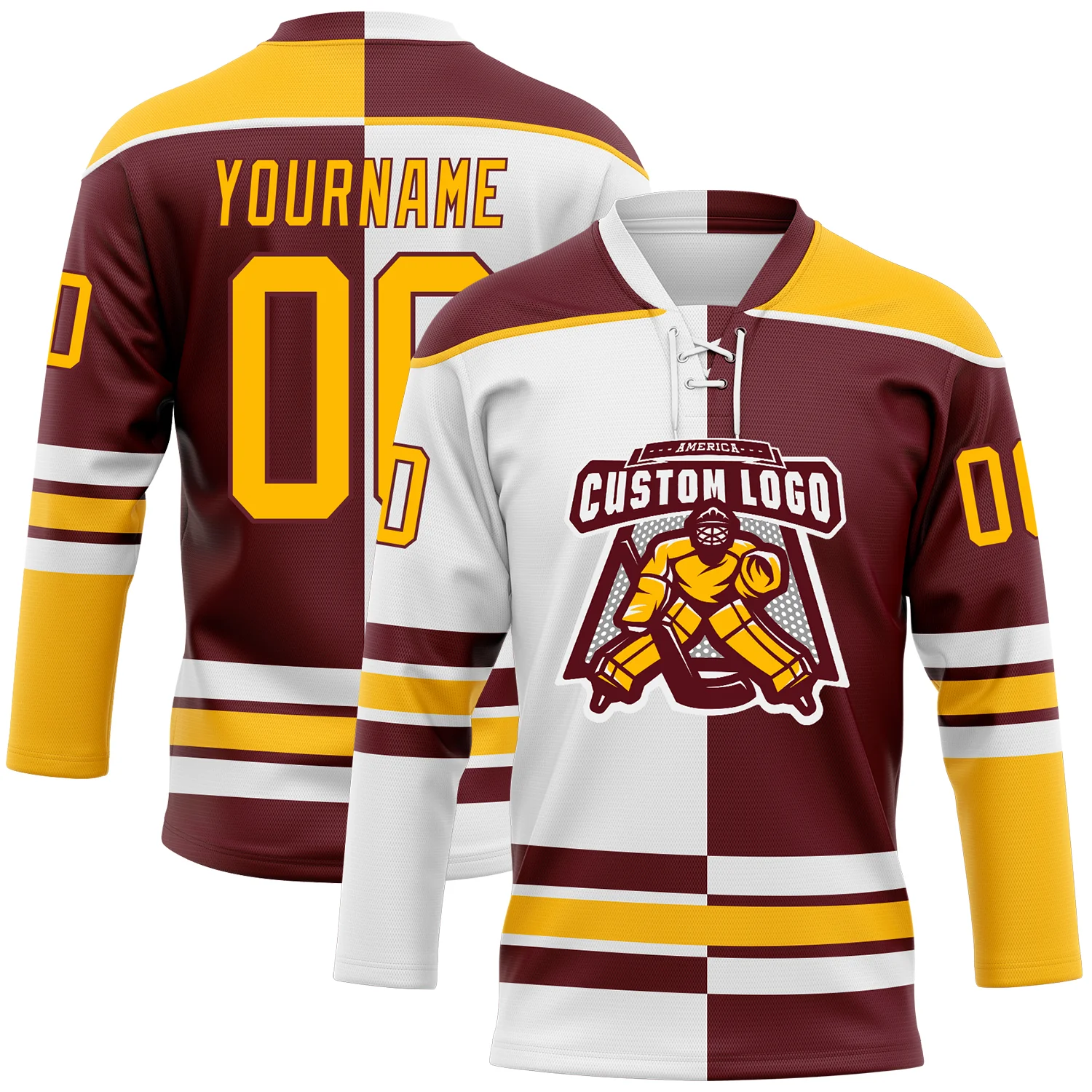 Custom Burgundy Gold-White Split Fashion Hockey Lace Neck Jersey - Image 2
