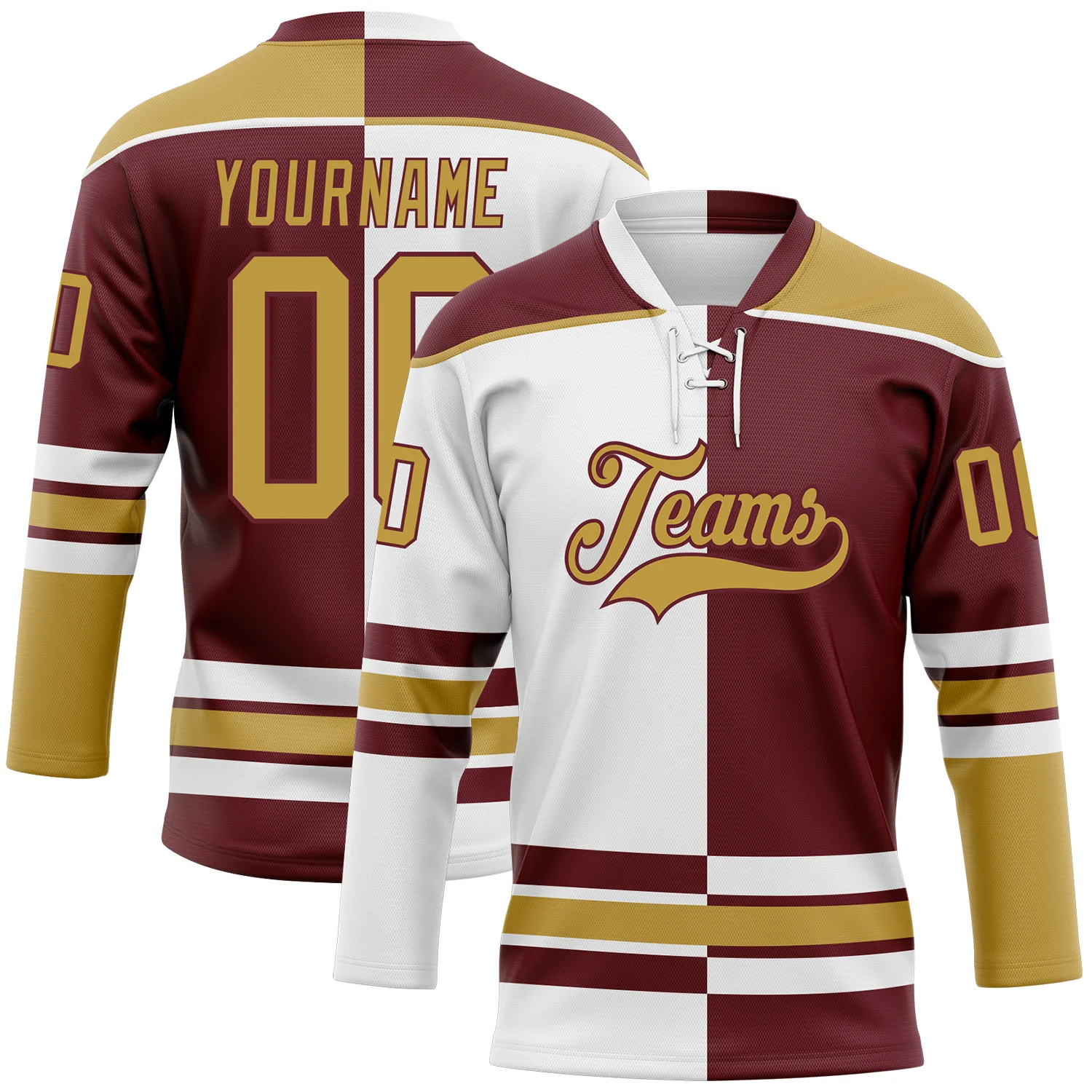 Custom Burgundy Old Gold-White Split Fashion Hockey Lace Neck Jersey