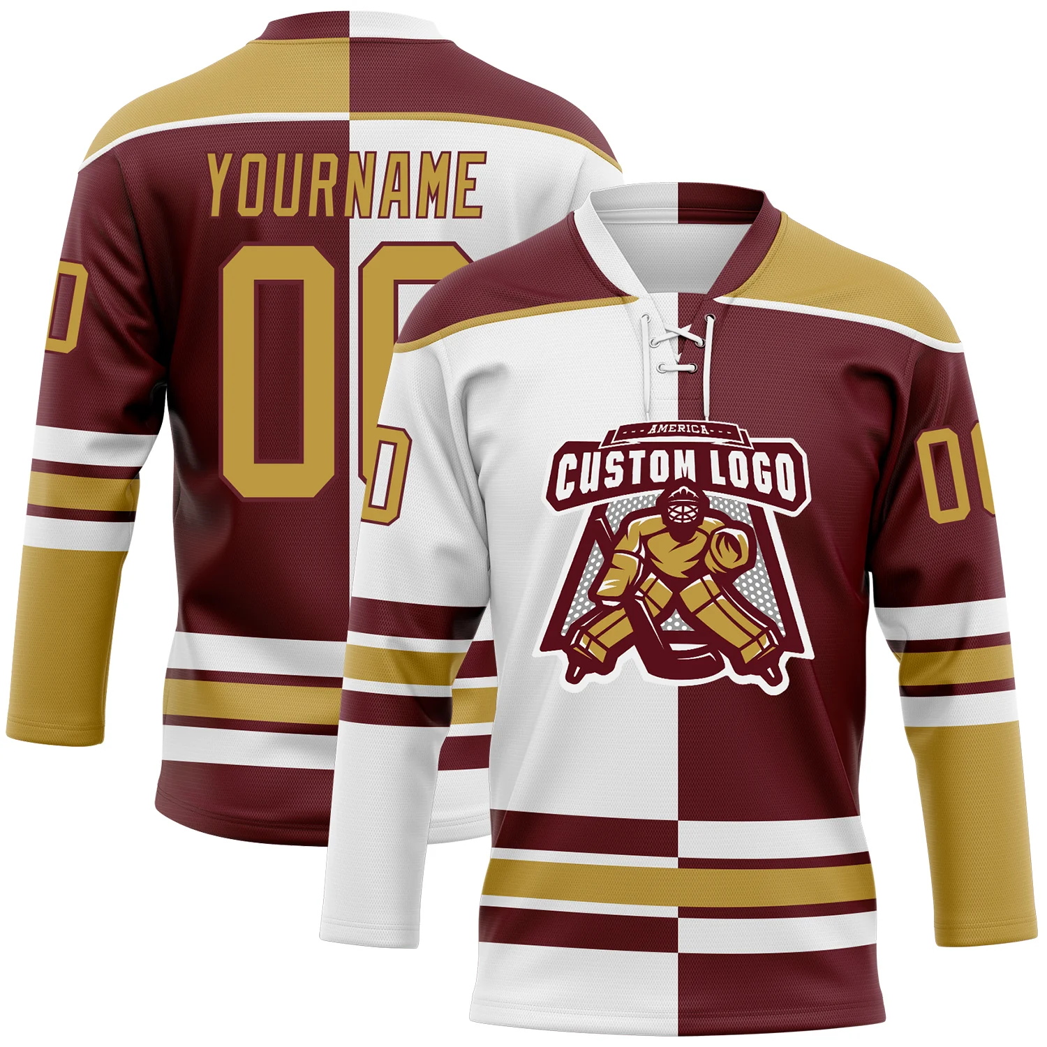 Custom Burgundy Old Gold-White Split Fashion Hockey Lace Neck Jersey - Image 2