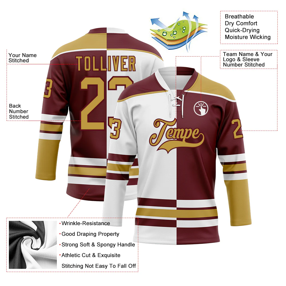Custom Burgundy Old Gold-White Split Fashion Hockey Lace Neck Jersey - Image 3
