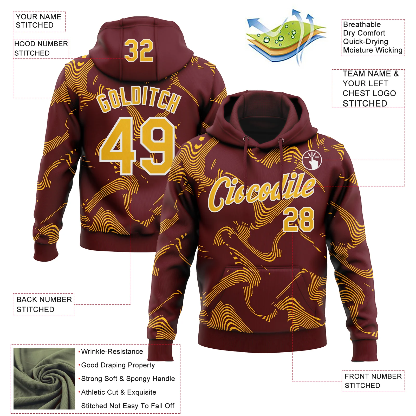 Custom Stitched Burgundy Gold-White Curve Lines Sports Pullover Sweatshirt Hoodie - Image 4