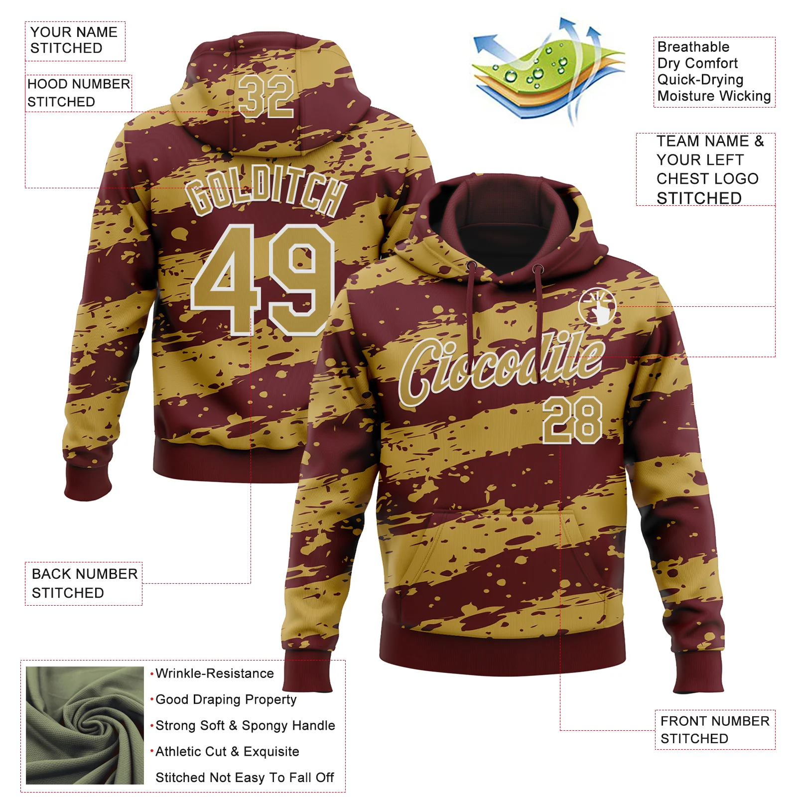 Custom Stitched Burgundy Old Gold-White Splash Torn Paper Style Sports Pullover Sweatshirt Hoodie - Image 4