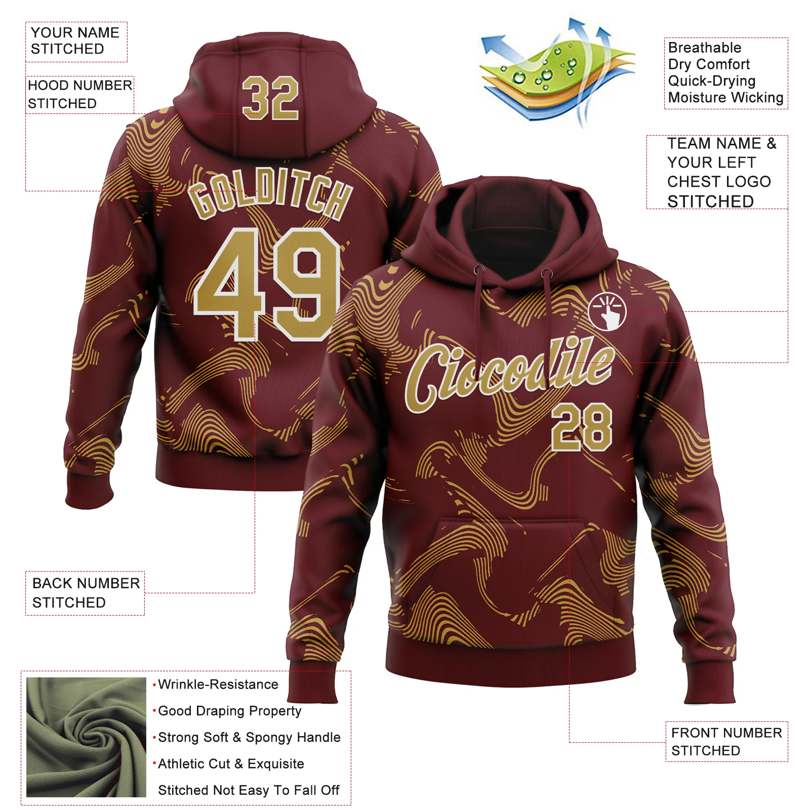 Custom Stitched Burgundy Old Gold-White Curve Lines Sports Pullover Sweatshirt Hoodie - Image 4