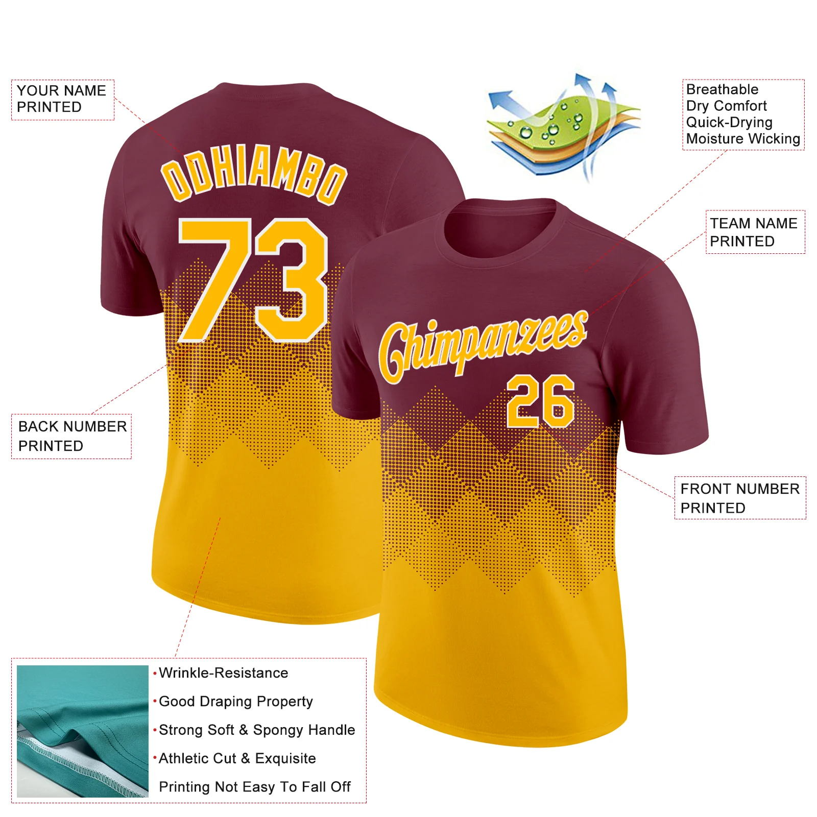 Custom Burgundy Gold-White 3D Pattern Design Gradient Square Shapes Performance T-Shirt - Image 2