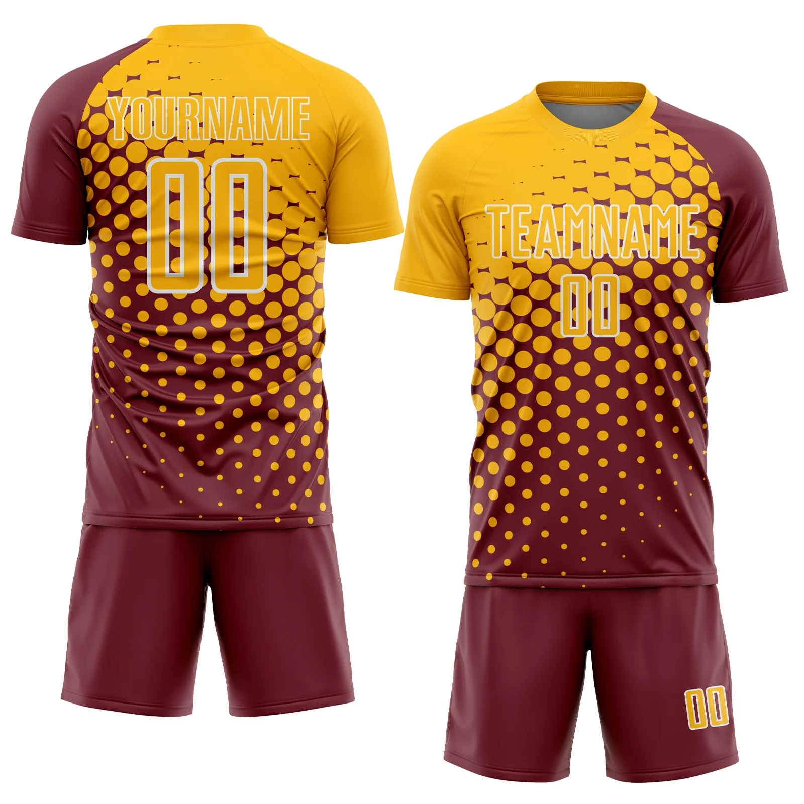 Custom Burgundy Gold-White Modern Polka Dot Sublimation Soccer Uniform Jersey - Image 2