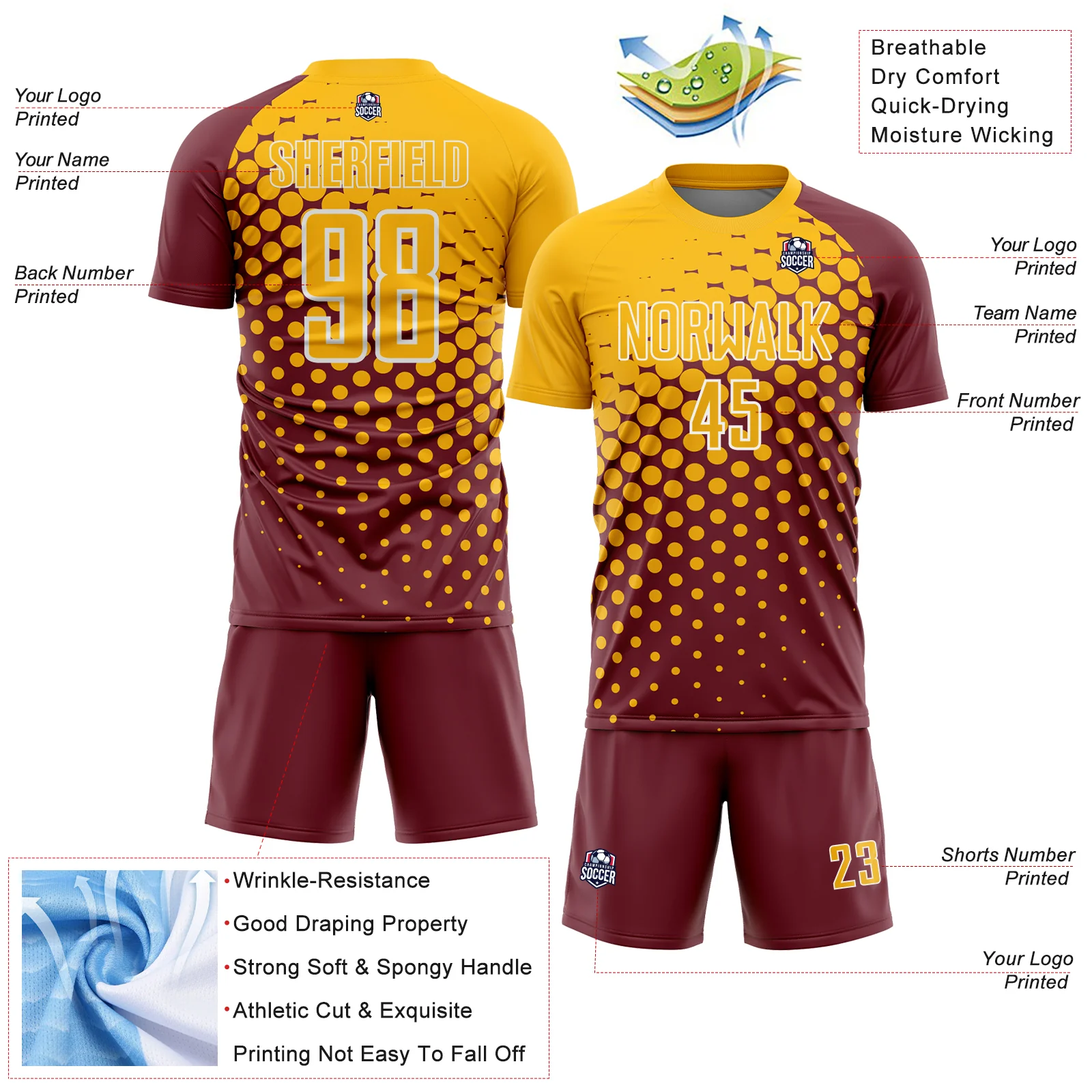 Custom Burgundy Gold-White Modern Polka Dot Sublimation Soccer Uniform Jersey - Image 4