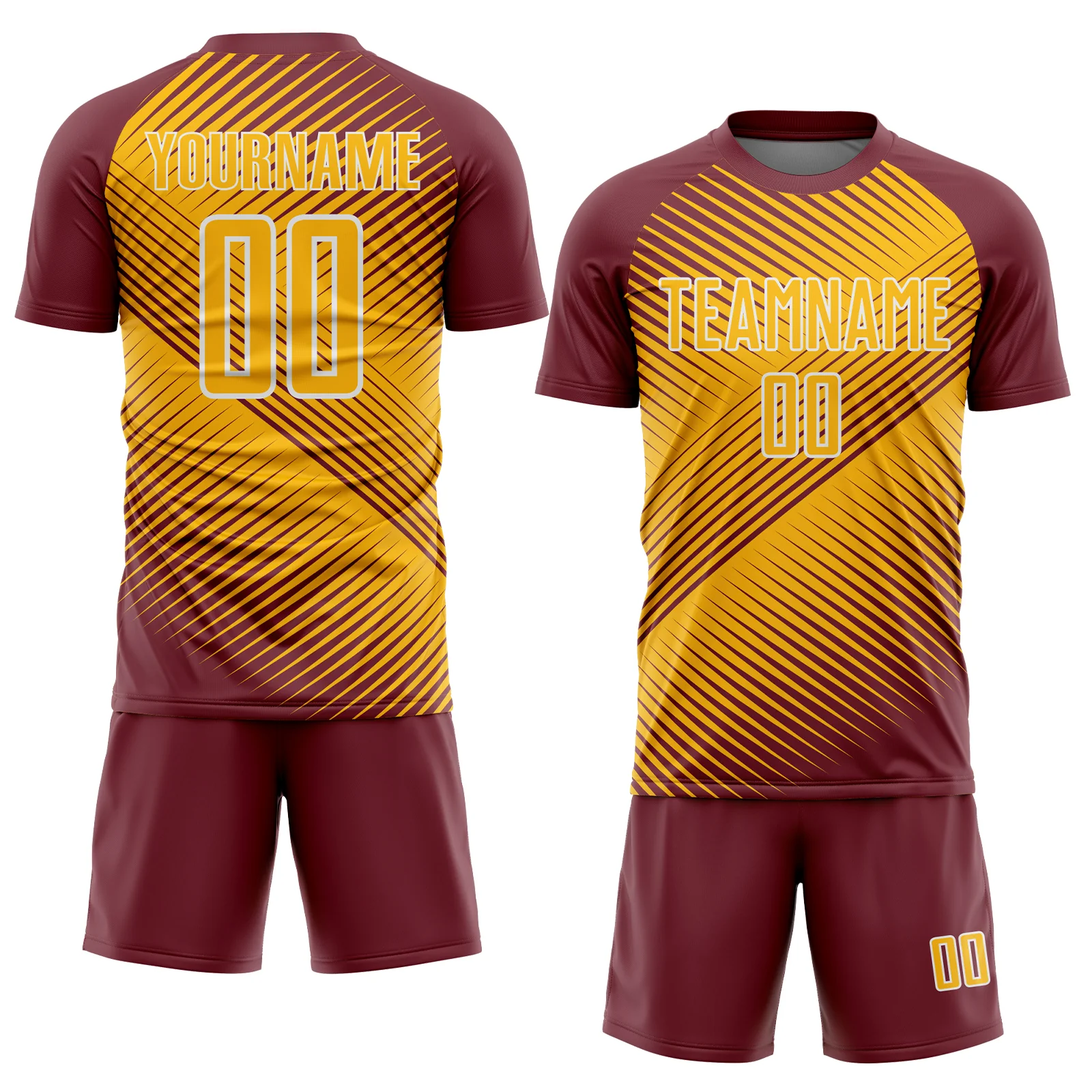 Custom Burgundy Gold-White Line Sublimation Soccer Uniform Jersey - Image 2