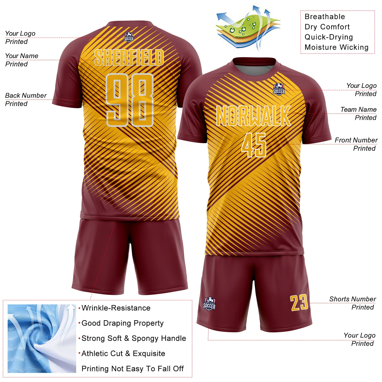 Custom Burgundy Gold-White Line Sublimation Soccer Uniform Jersey - Image 4
