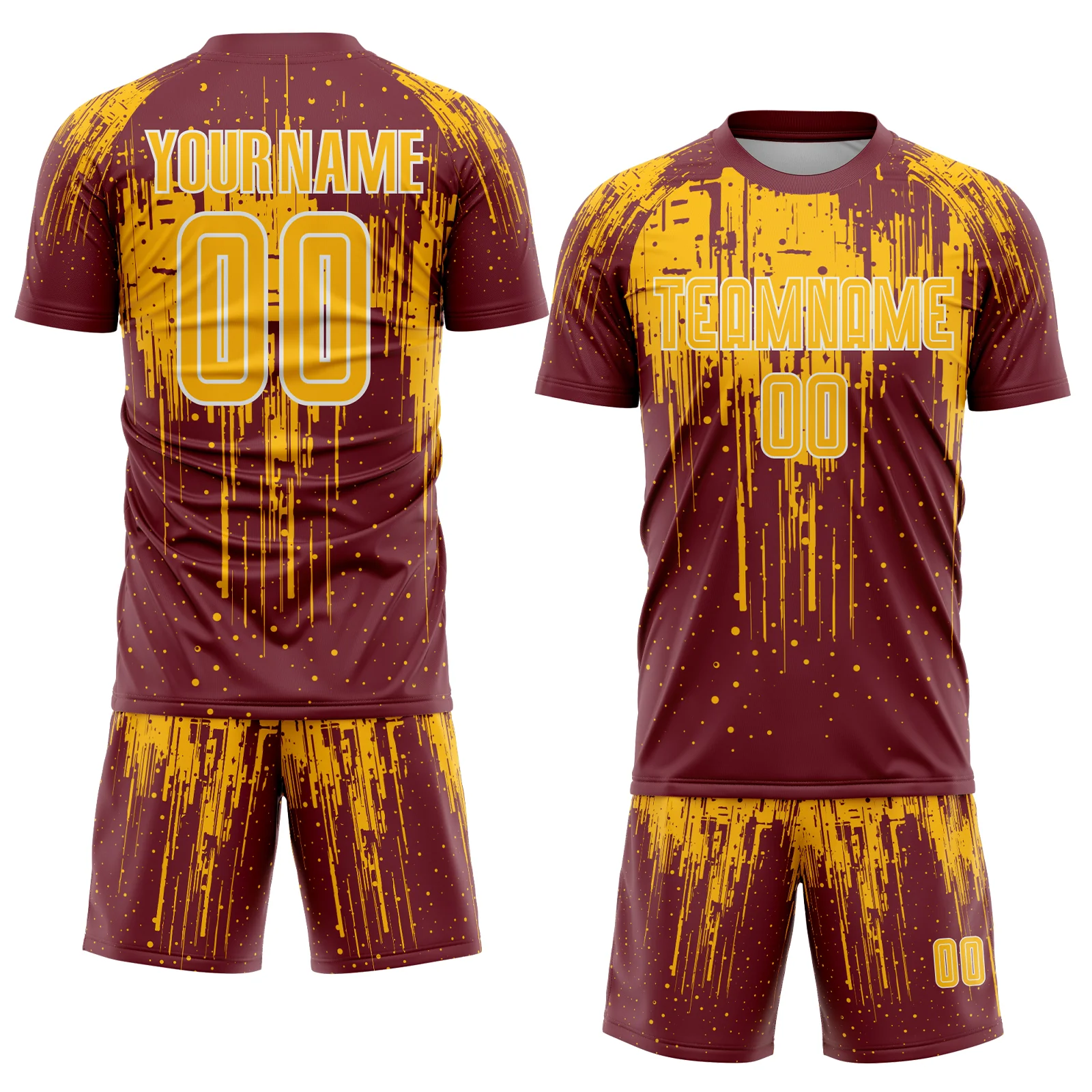 Custom Burgundy Gold-White Dripping Splatte Pattern Sports Sublimation Soccer Uniform Jersey - Image 2