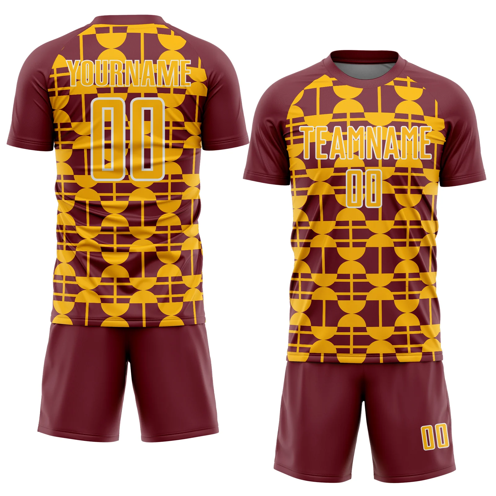 Custom Burgundy Gold-White Geometric Shapes Sports Sublimation Soccer Uniform Jersey - Image 2