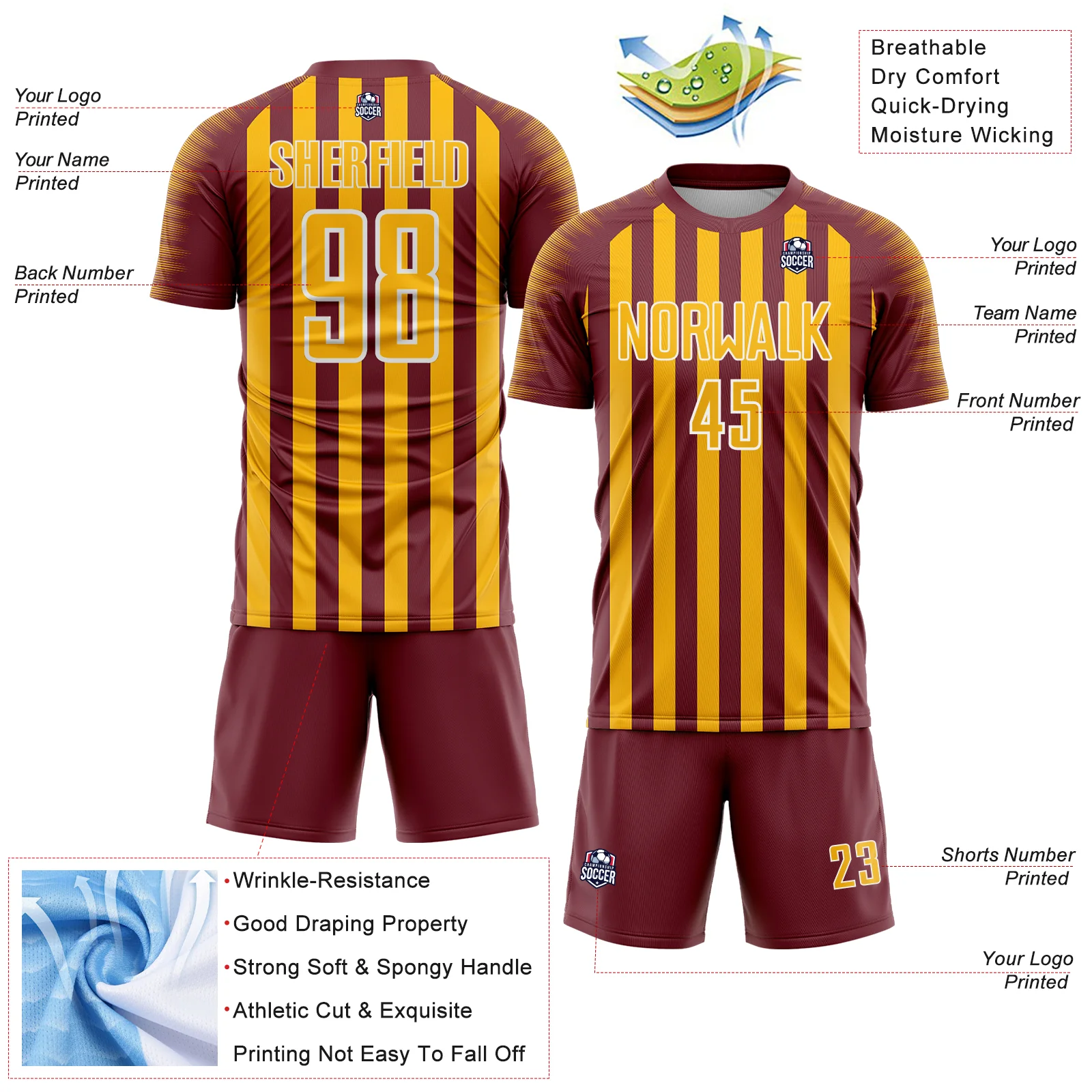 Custom Burgundy Gold-White Stripe Sports Sublimation Soccer Uniform Jersey - Image 4