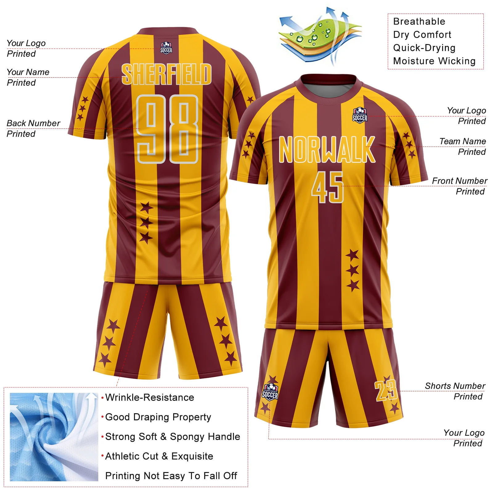 Custom Burgundy Gold-White Stars And Stripes Sports Sublimation Soccer Uniform Jersey - Image 4