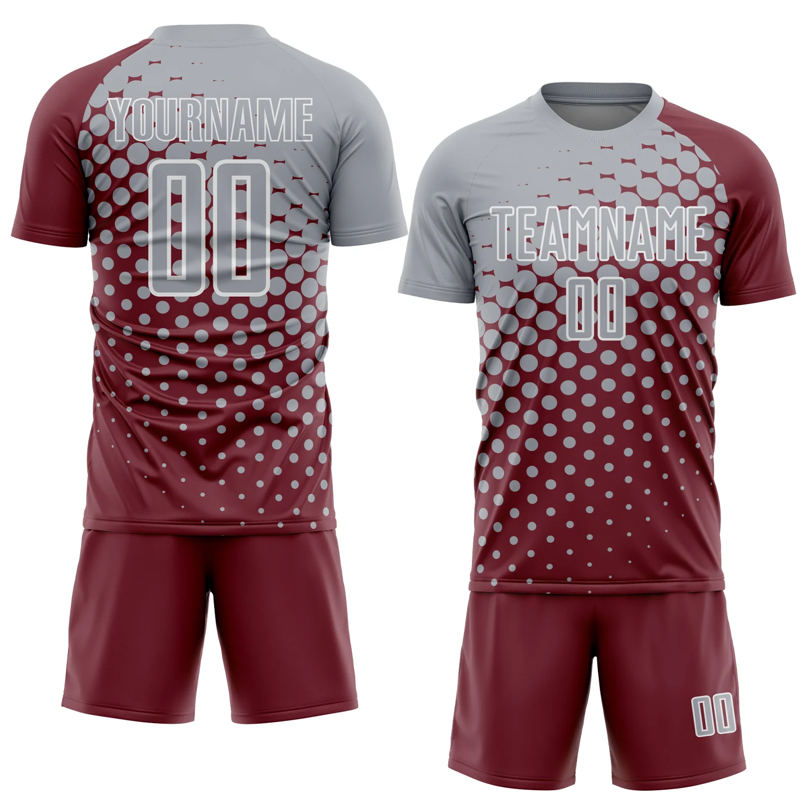 Custom Burgundy Gray-White Modern Polka Dot Sublimation Soccer Uniform Jersey - Image 2