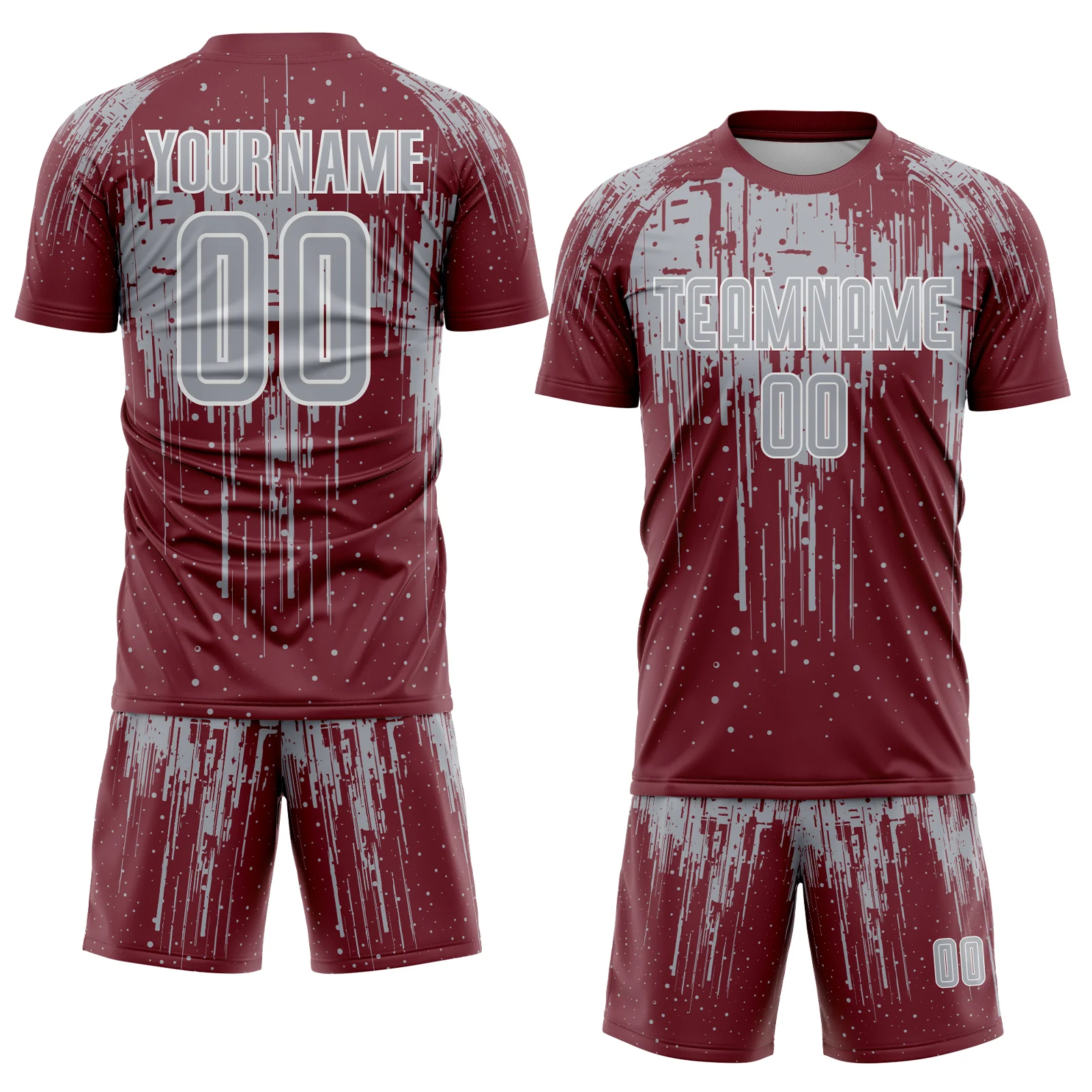 Custom Burgundy Gray-White Dripping Splatte Pattern Sports Sublimation Soccer Uniform Jersey - Image 2