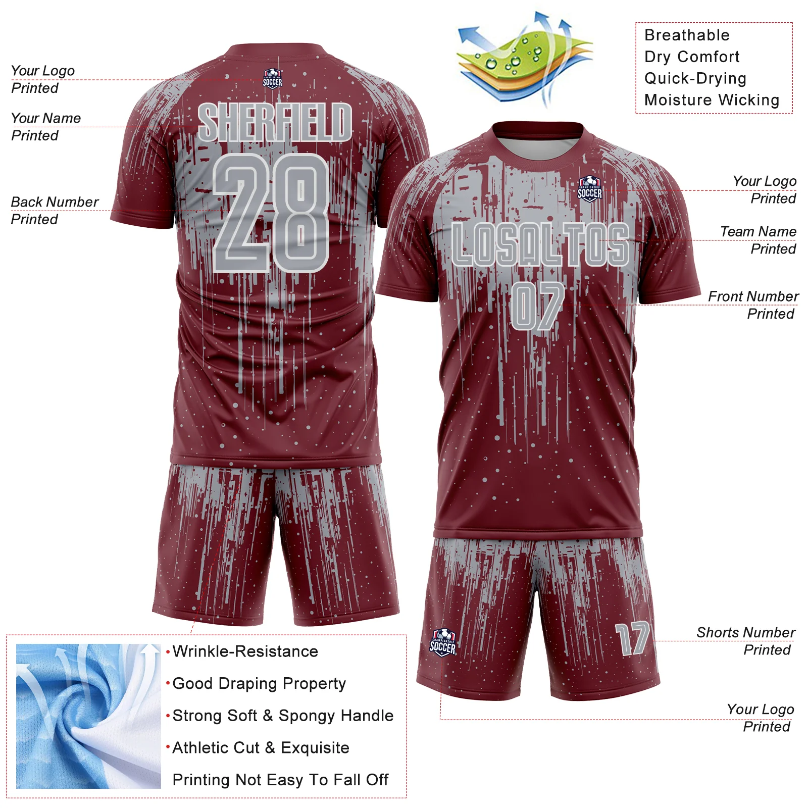 Custom Burgundy Gray-White Dripping Splatte Pattern Sports Sublimation Soccer Uniform Jersey - Image 4