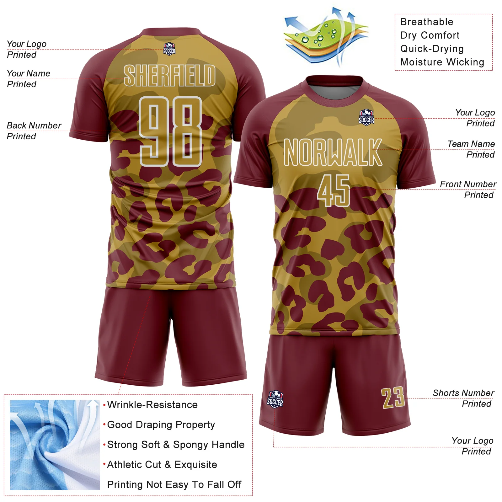 Custom Burgundy Old Gold-White Animal Leopard Print Sports Sublimation Soccer Uniform Jersey - Image 4