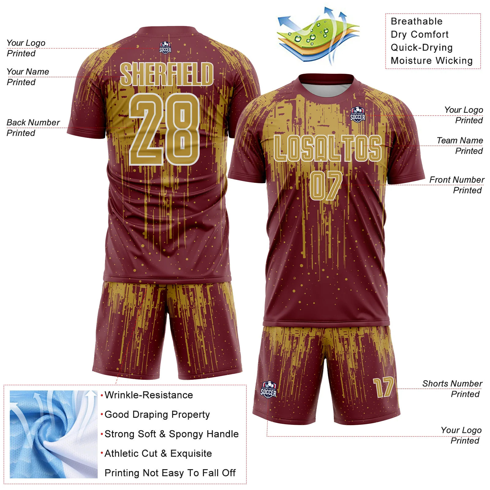 Custom Burgundy Old Gold-White Dripping Splatte Pattern Sports Sublimation Soccer Uniform Jersey - Image 4