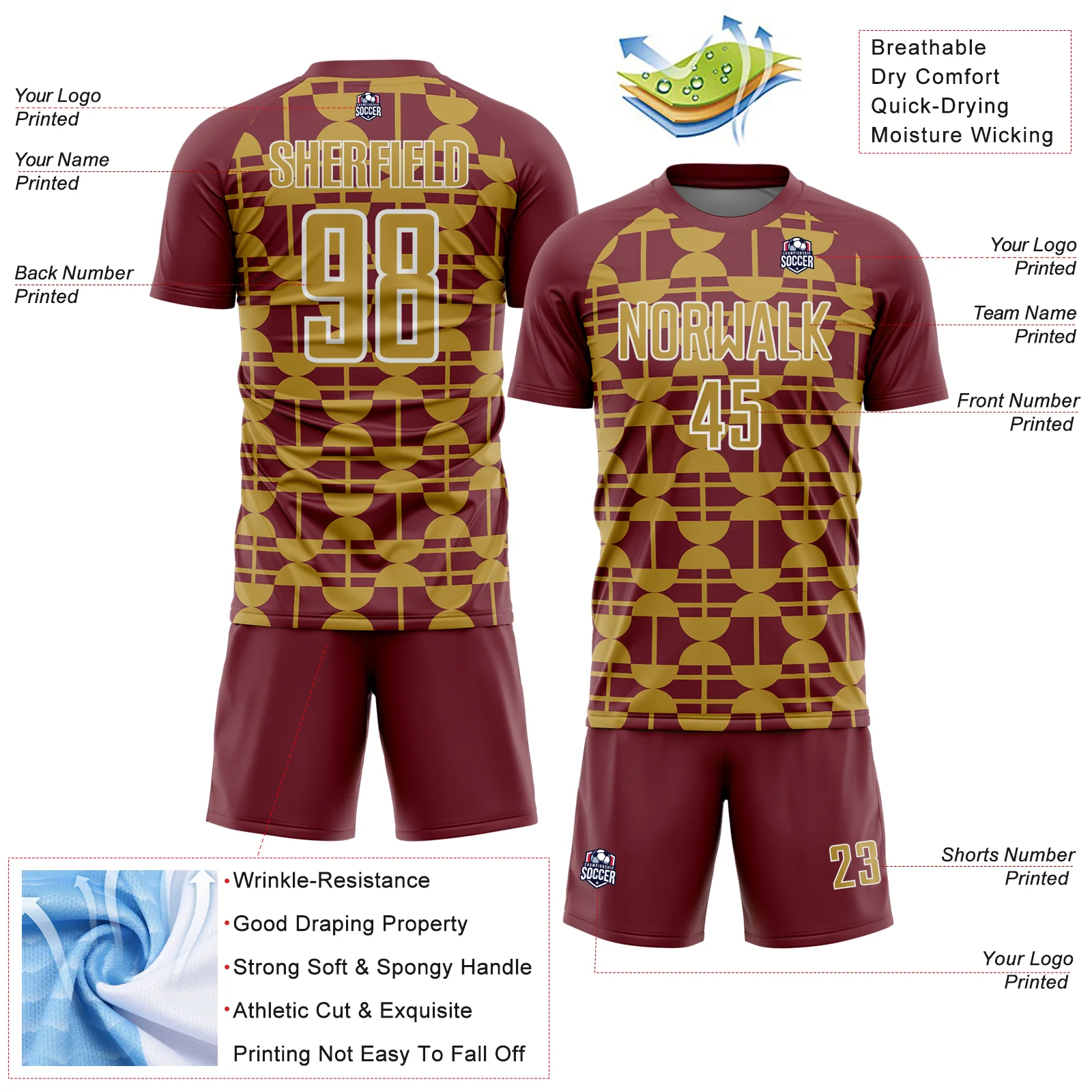Custom Burgundy Old Gold-White Geometric Shapes Sports Sublimation Soccer Uniform Jersey - Image 4