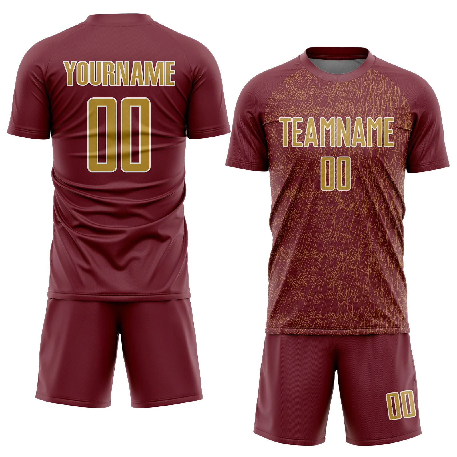 Custom Burgundy Old Gold-White Abstract Scribble Curve Line Pattern Sports Sublimation Soccer Uniform Jersey - Image 2