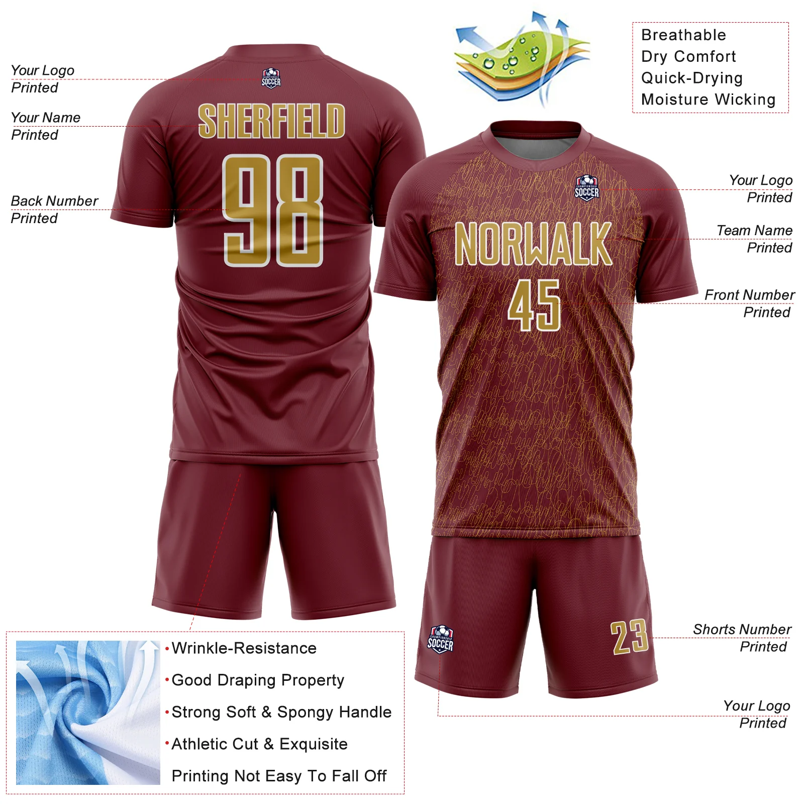 Custom Burgundy Old Gold-White Abstract Scribble Curve Line Pattern Sports Sublimation Soccer Uniform Jersey - Image 4