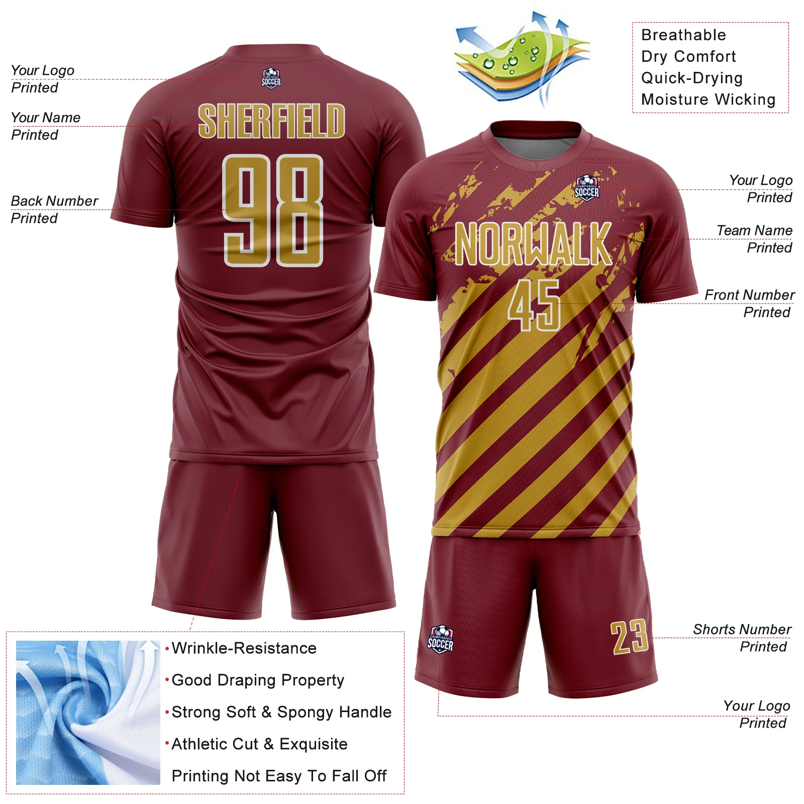 Custom Burgundy Old Gold-White Distressed Diagonal Stripe Pattern Sports Sublimation Soccer Uniform Jersey - Image 4