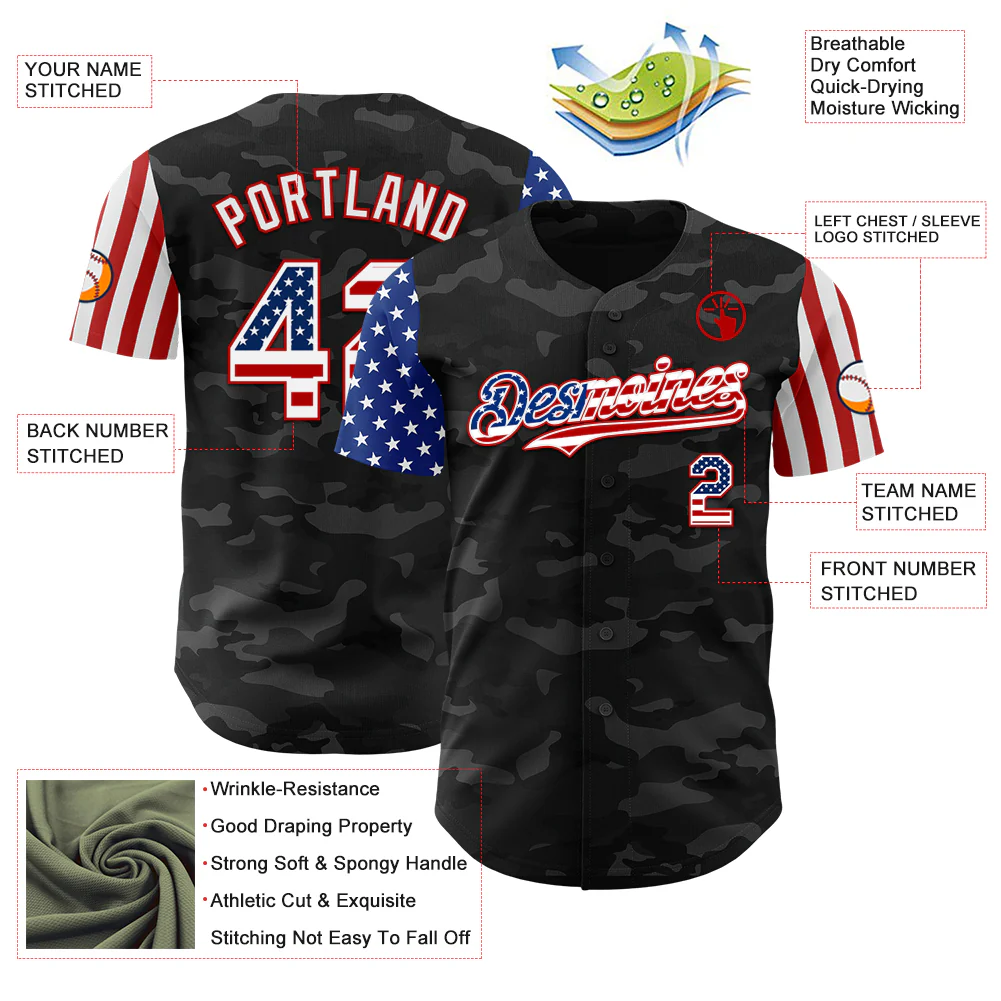 Custom Camo USA Flag White-Red 3D Authentic Salute To Service Baseball Jersey - Image 3