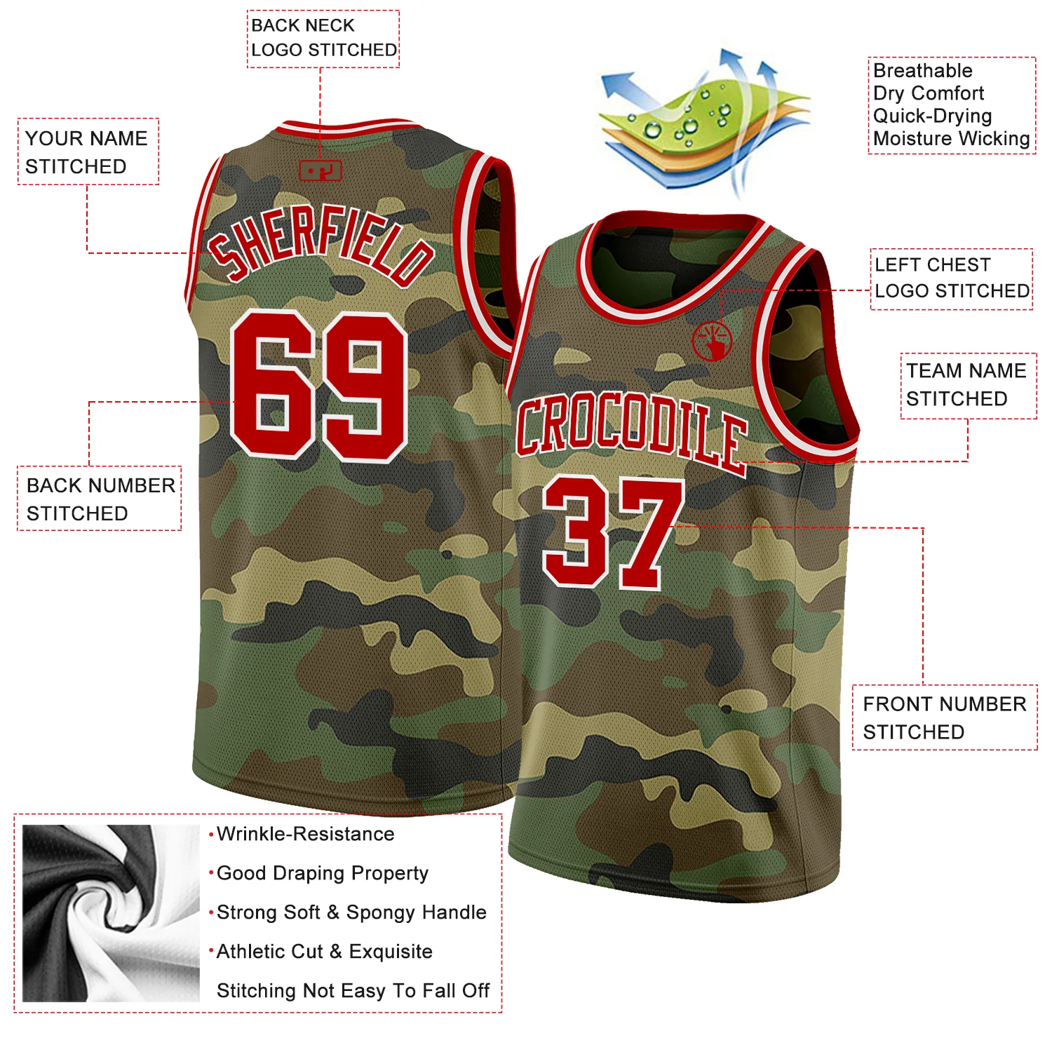 Custom Camo Red-White Authentic Salute To Service Basketball Jersey - Image 2