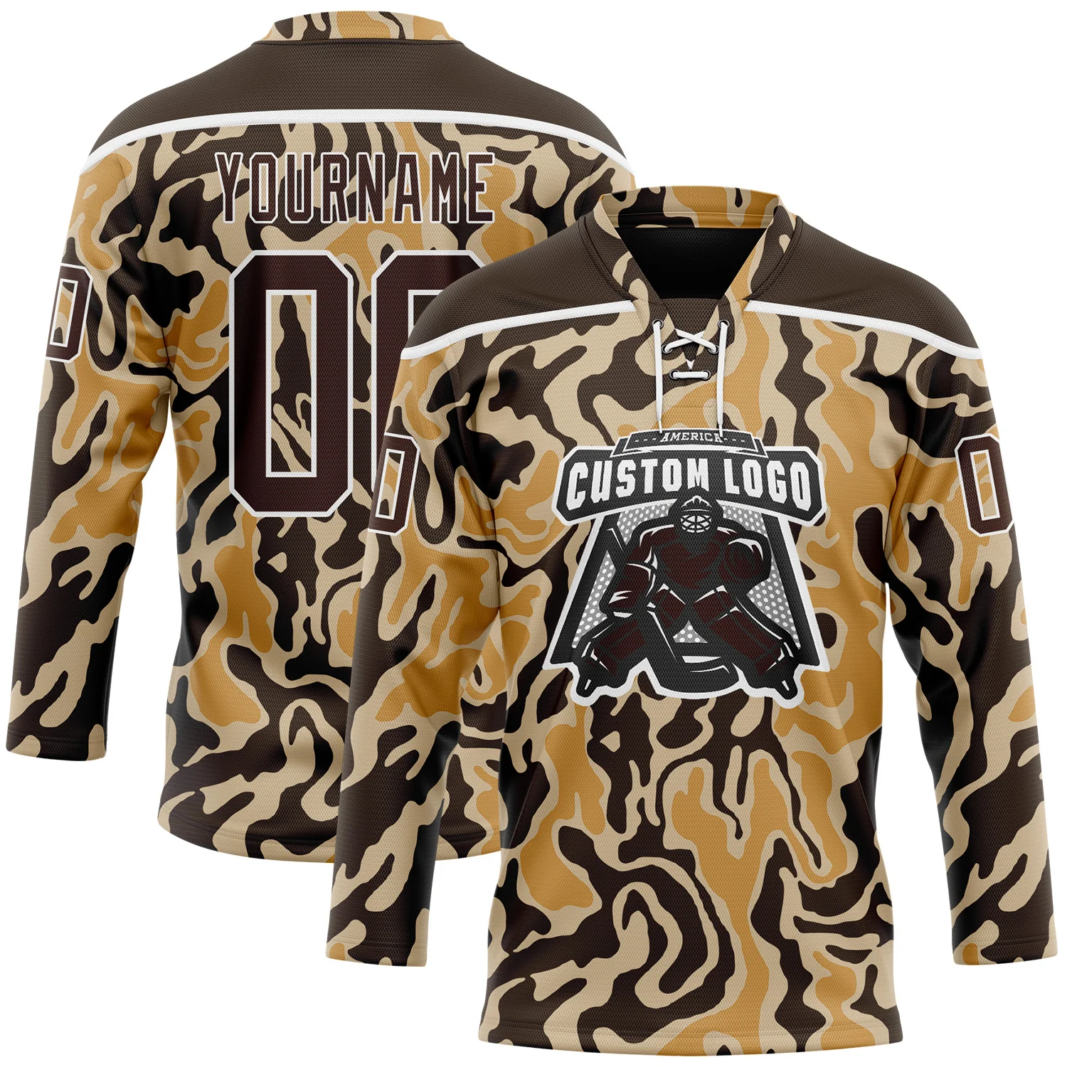 Custom Camo Brown-White 3D Camouflage Hockey Lace Neck Jersey - Image 2