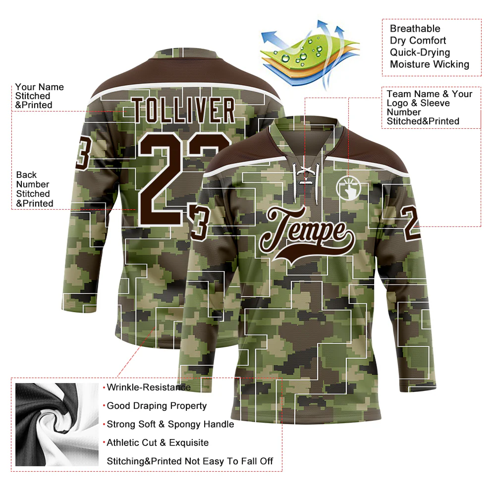 Custom Camo Brown-White 3D Camouflage Pixel Hockey Lace Neck Jersey - Image 5