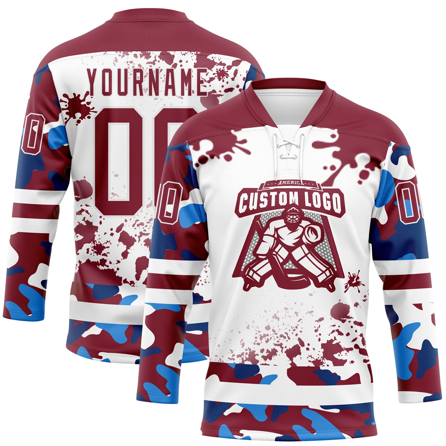 Custom Camo Crimson-White Splash Hockey Lace Neck Jersey - Image 2